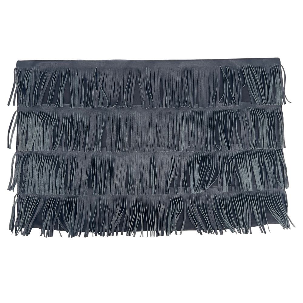 Z Gallerie Lumbar Pillow Cover Black Leather Tiered Fringe 26x16 Boho Glam Decor